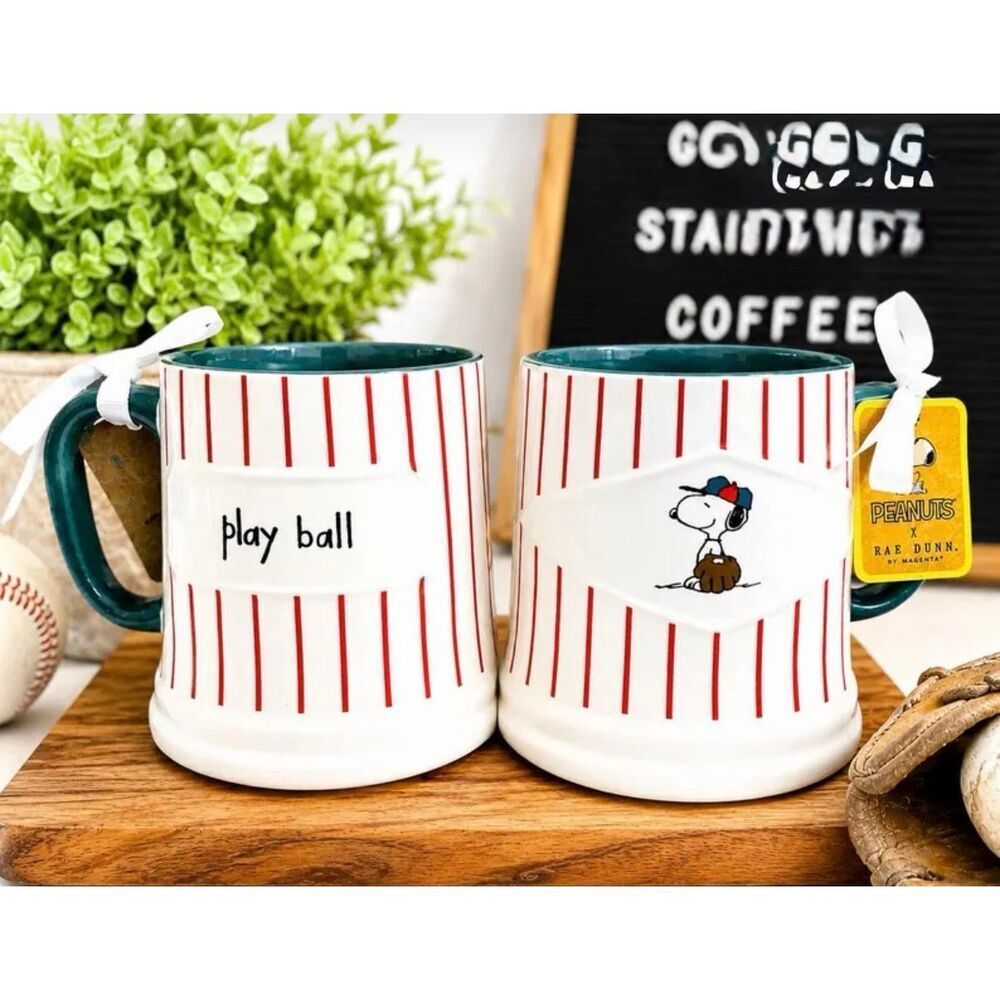 NWT Gorgeous Rae Dunn Peanuts Snoopy Play Ball Baseball Double Sided Big Mug - Picture 12 of 12